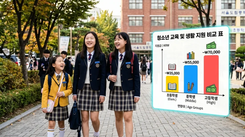 교복을 입은 한국인 중학생과 초등학생이 밝게 웃고 있으며 옆에는 지원 금액과 연령대가 적힌 비교 도표가 떠 있는 모습