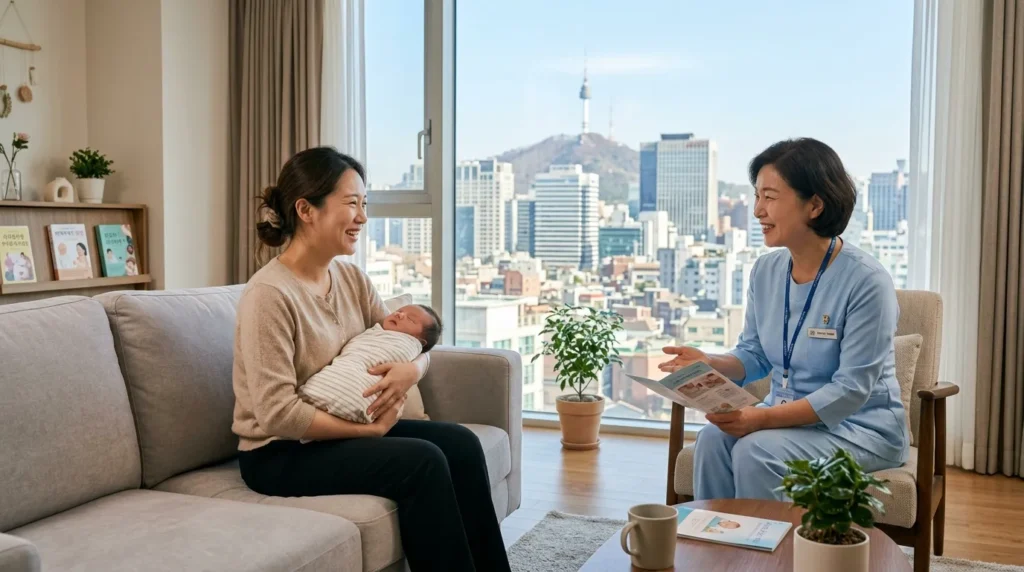 서울 시내의 평화로운 산후조리원 거실에서 한 한국인 산모가 밝은 표정으로 아이를 안고 상담을 받는 모습, 창밖으로 서울의 스카이라인이 보임