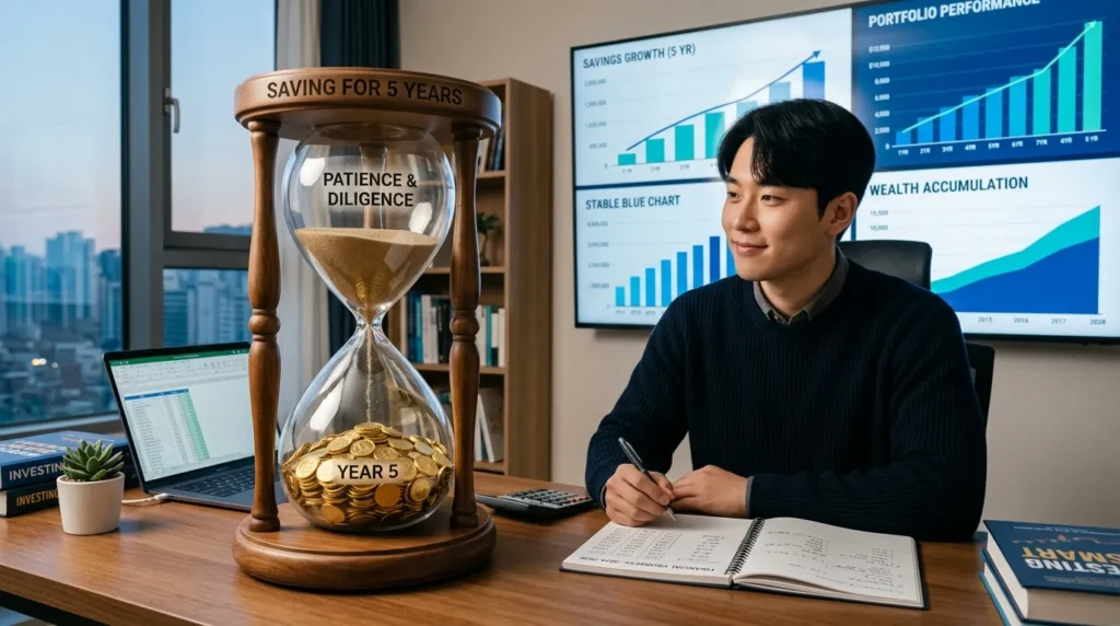 5년이라는 긴 시간을 인내하며 저축하는 과정을 형상화한 모래시계와 그 안에 쌓이는 금동전들, 안정감을 주는 푸른색 톤의 금융 통계 그래프 배경, 한국인 청년의 신중한 모습